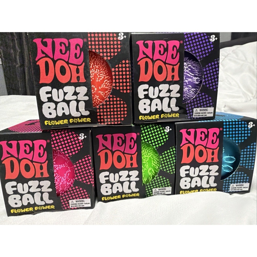 NeeDoh FUZZ BALL Flower Power COMPLETE SET OF 5 Orange/Blue/Green/Purple/Pink